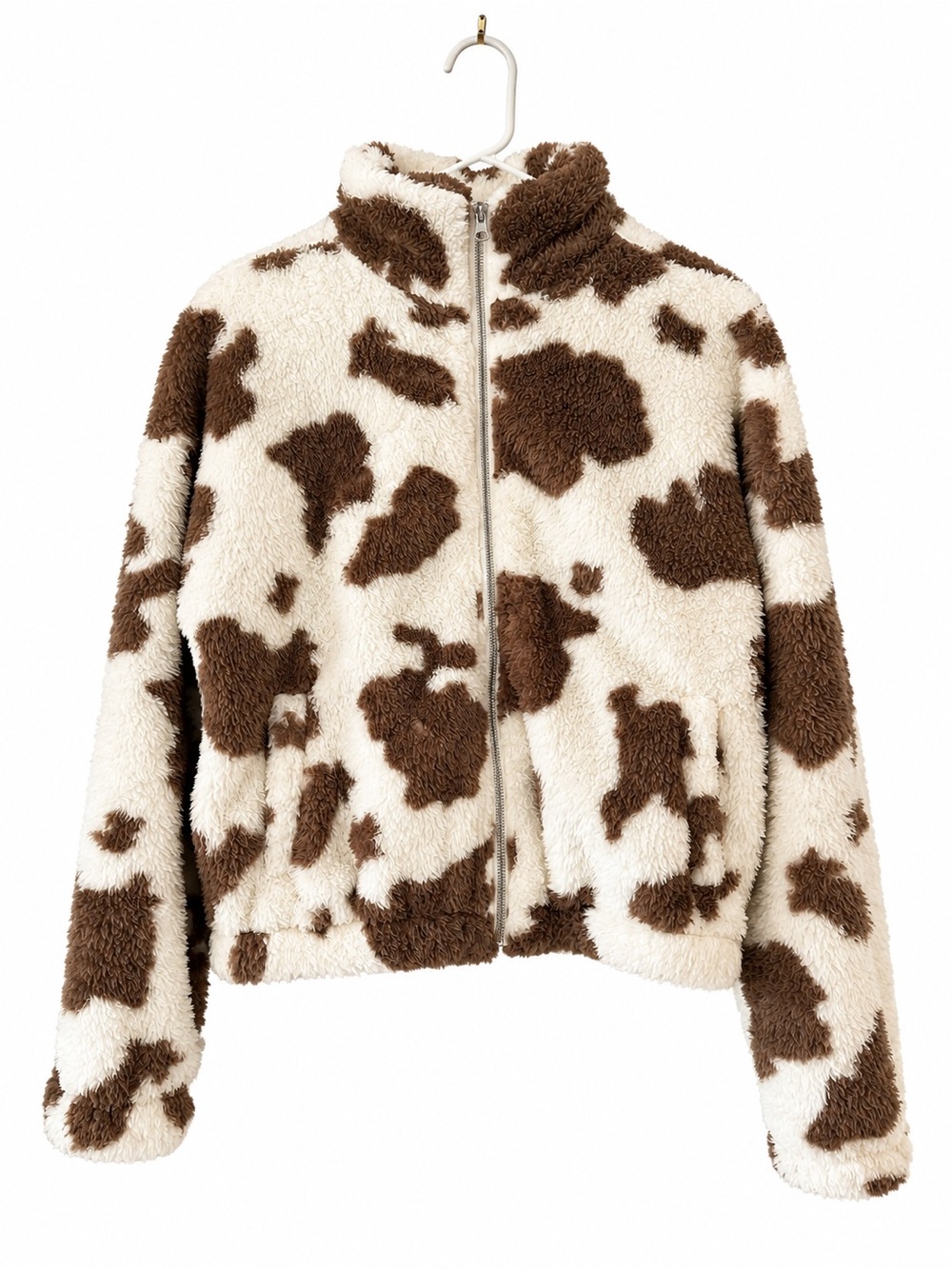 Thread & Supply Brown and Cream Faux Fur Cow-Print Puffer Jacket